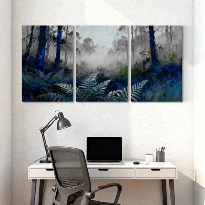 winter forest Mystic Forest Ferns Blue Mist Trees Set of 3 Canvas Wall Art Prints