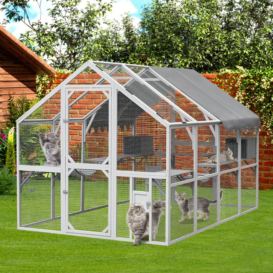 Outdoor Cat Catio With Plant Platform-110"Large Kitten Playpen With Playful Perch, Upgrade Waterproof Cover