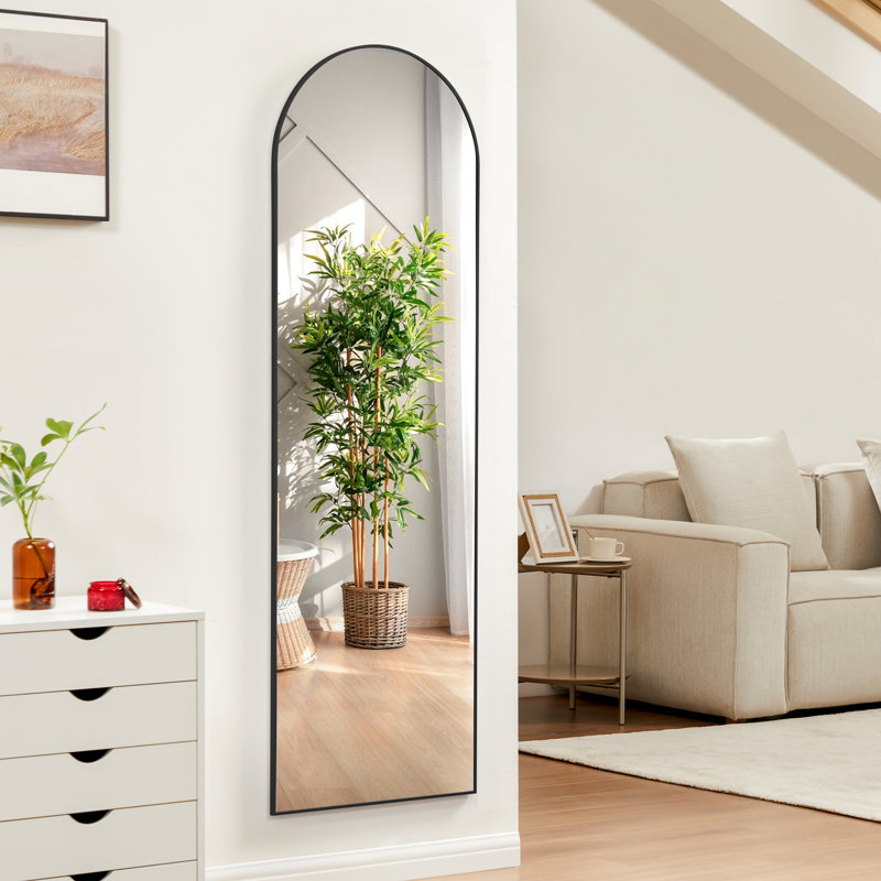 Arched Metal Oversized Full Length Mirrors Wall Mirrors with Stand, 64" x 21", Black