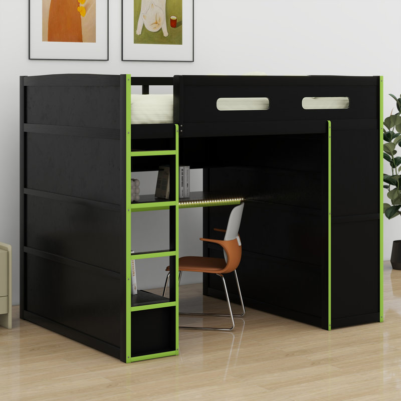 Lit mezzanine en bois avec bureau, garde-robe, grand espace de rangement et lumière DEL RVB, Vert
