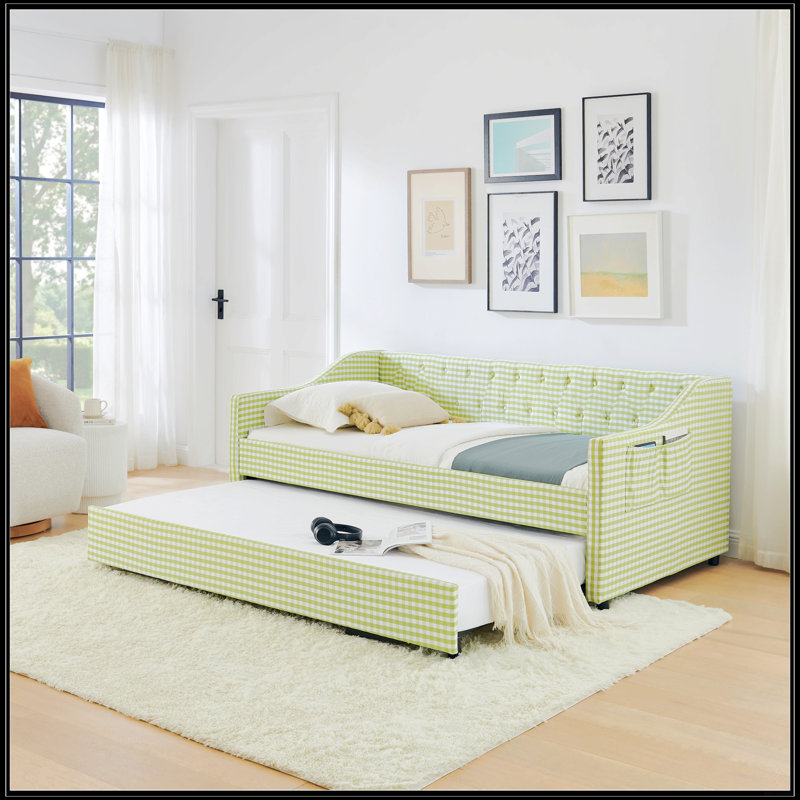 Lit de jour simple, canapé-lit convertible polyvalent 3 en 1 Gingham avec couchette coulissante et poches de rangement latérales, idéal pour les petits espaces