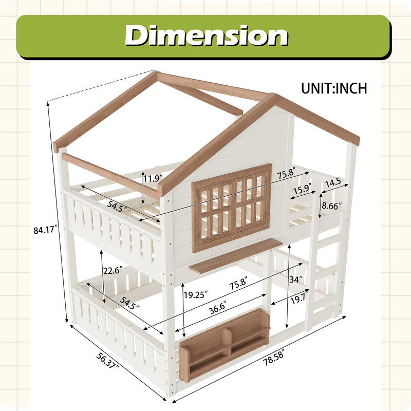 Lit mezzanine avec bibliothèque, style maison, clôture de sécurité de haute qualité, Lit superposé double sur double, Beige