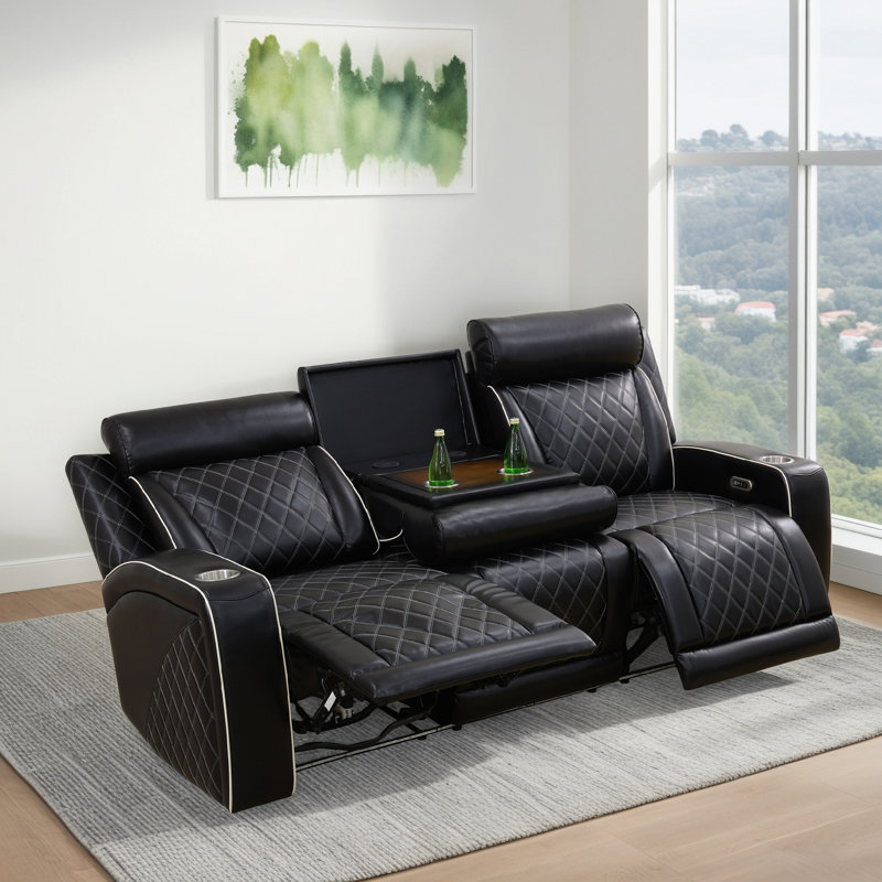 Canapé inclinable électrique 83,8 po en similicuir respirant avec DEL, table rabattable et porte-gobelet, recharge sans fil