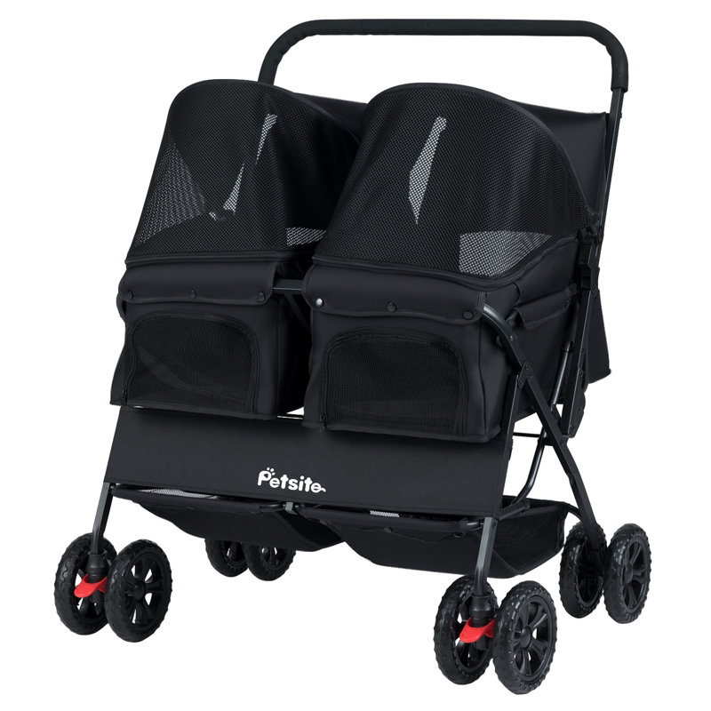 Double Pet Stroller w/ 2-seater Carrier Adjustable Sunshade Removable Pad , Black
