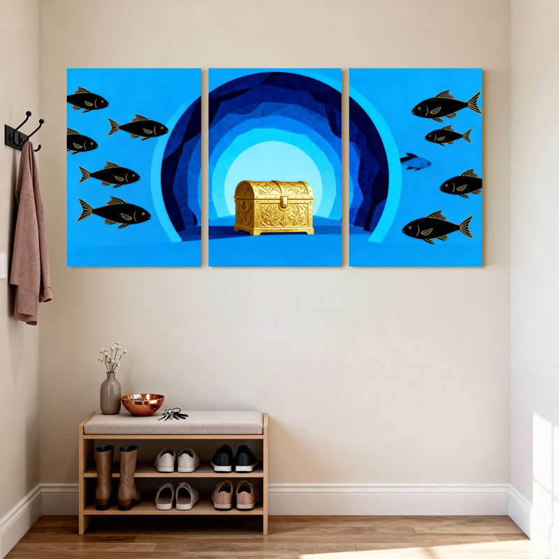 Underwater Treasure Chest And Fish Pattern Set of 3 Canvas Wall Art Prints, 18" H x 36" W