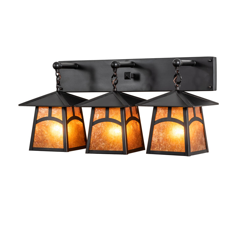 Craftsman Brown 26" Solid Brass Amber Mica 3-Light Vanity Fixture