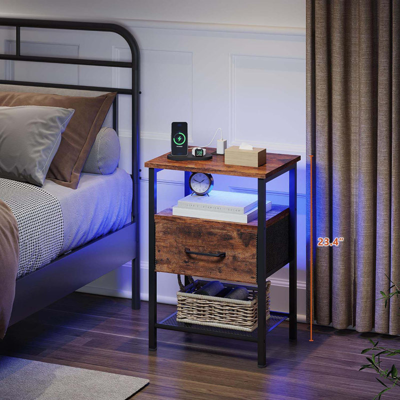 Night Stand, End Table With Charging Station, LED Bedside Table With Fabric Drawer For Bedroom, 3-Tier Side Table With Open Shelf, Rustic Brown