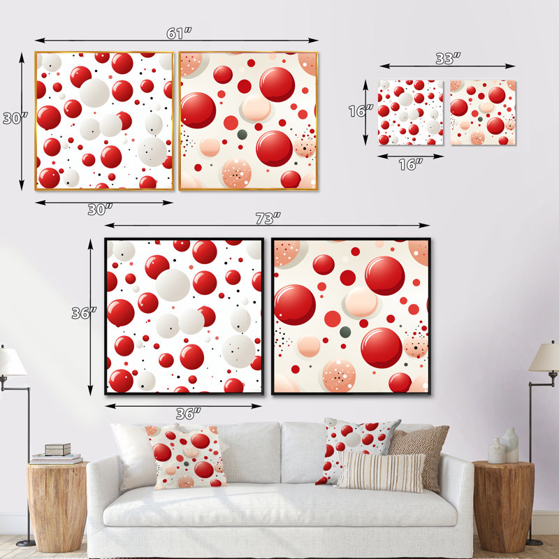 Pois rouges et blancs II - ensemble de 2 collages de formes abstraites carrées, Cadre flottant noir, H 16 po x l 33 po