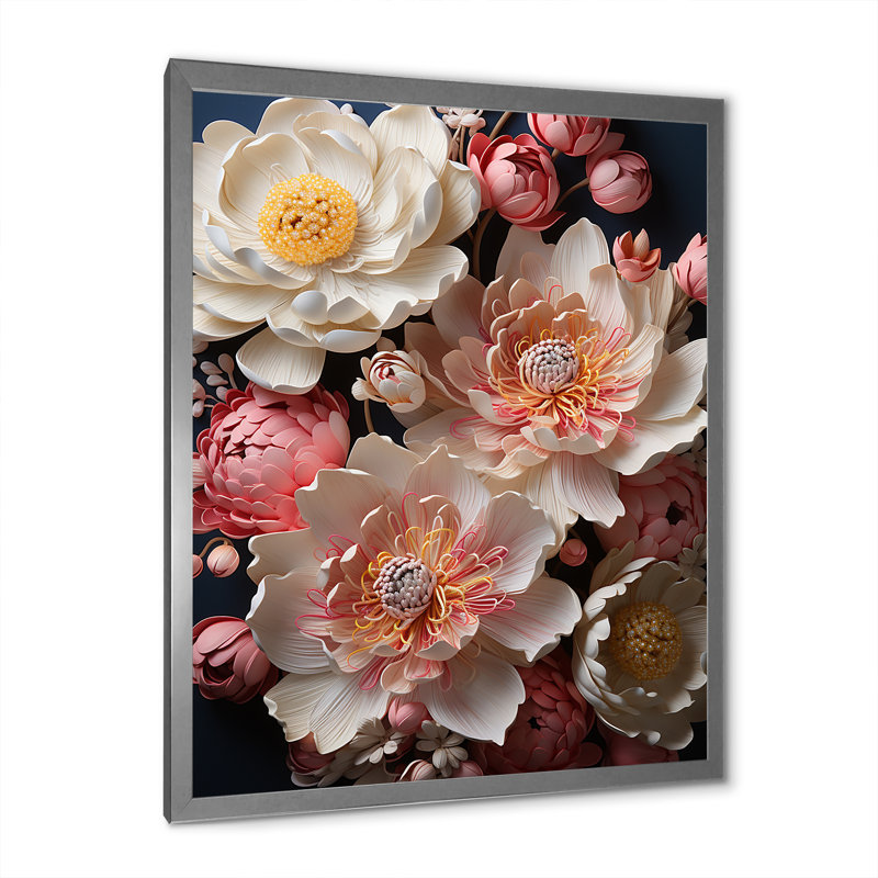 Pivoines ornées d'accents dorés magiques, Cadre photo argenté, H 32 po x l 24 po x P 1 po
