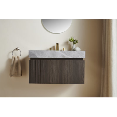 Meuble-lavabo de salle de bain 30 po Muri, meuble de rangement flottant en contreplaqué avec tiroir et porte, plateau en pierre frittée gris clair et lavabo en céramique avec 3 trous de robinet pré-percés, pré-assemblé, couleur grain de bois espresso