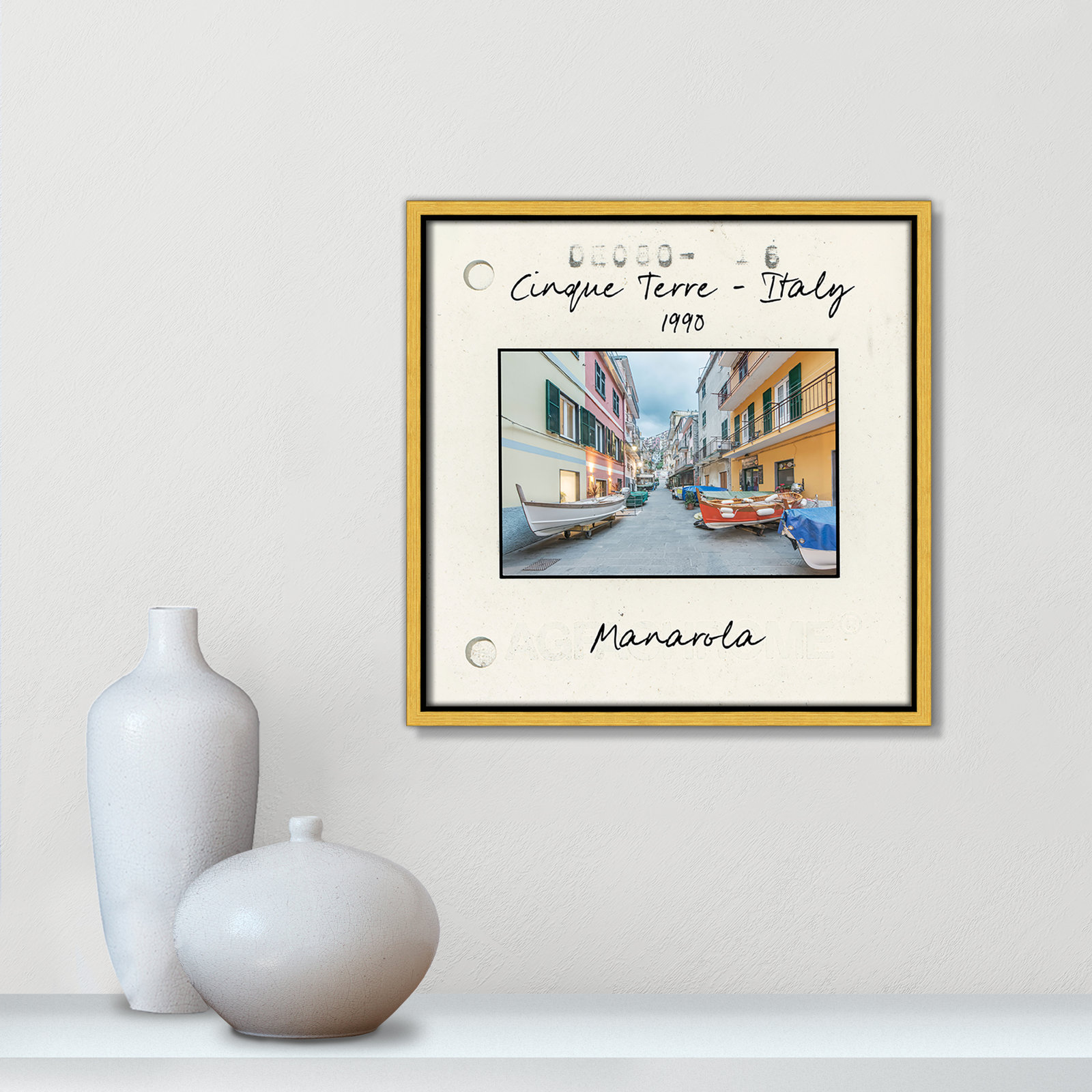 Travel Slide Collection "Cinque Terre - Manarola" Print, 13.5" H x 13.5" W x 2" D, Gold Floater Framed Canvas