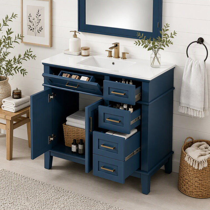 Meuble-lavabo de salle de bain de 36 pouces (91 cm) avec 4 tiroirs de rangement et porte à fermeture en douceur, Bleu