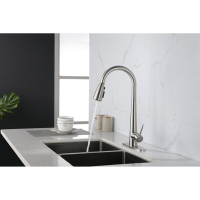 Stainless Steel Pull Down Kitchen Faucet With Deck Plate - Brushed Nickel, High Arc Single Handle, Contemporary Appeal Modern In Nickel Steel, Installation