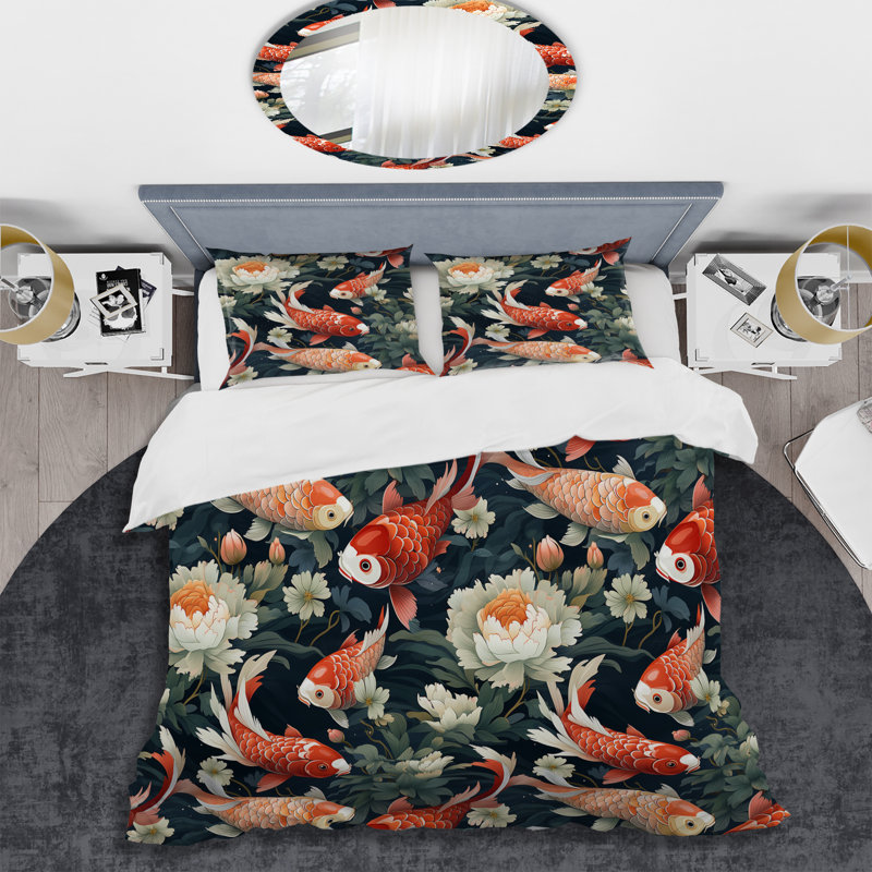 Literie Koi Fish Harmony Watercolor Wonders, Housse de couette pour très grand lit et 2 très