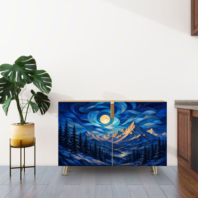 Sideboard Buffet Cabinet with Storage Stained Glass Print Style Mountain Landscape Pine Forest with 2 Doors for Living Room and Kitchen