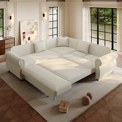 L-Shaped Sectional Sofa with Pull-Out Bed, Convertible Sleeper Sofa with Nailhead Trim and Rolled Arms
