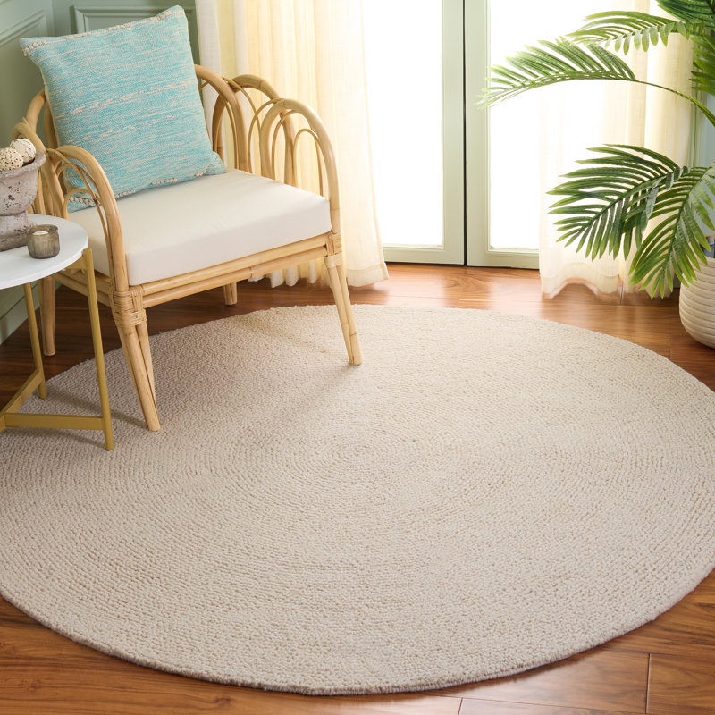 Novelty Hand Tufted Wool & Cotton Solid Color Rug in Ivory, Round 6'