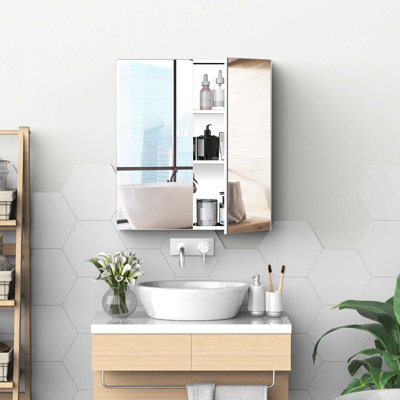 Armoire de salle de bain à miroir, armoire à pharmacie 24 po x 26 po en acier inoxydable, rangement mural avec portes doubles