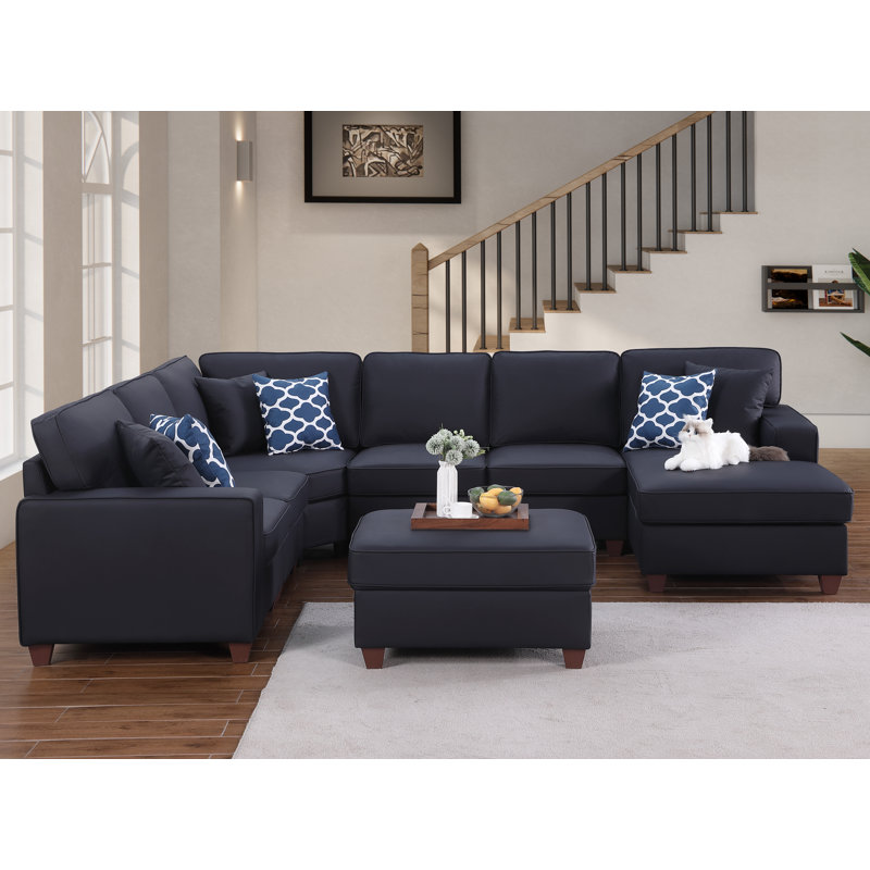 Canapé modulaire en cuir artificiel avec repose-pieds, Similicuir noir