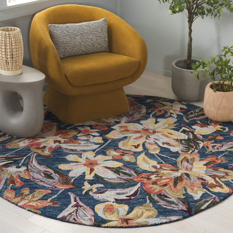 Katriona Hand Tufted Wool/Cotton Floral Rug in Gold/Blue, Round 6'