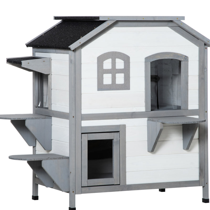 Villa d'extérieur pour chat - Enclos en bois de 2 étages avec trappe d'évacuation pour chats, toit ouvrable, plateformes de saut, trappe d'abri blanc, toit ouvert et