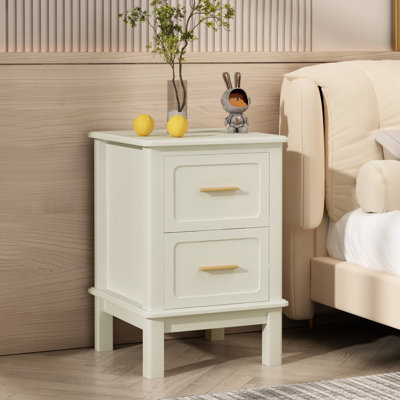 Table de chevet blanche à deux tiroirs, finition brillante pour plus de durabilité, petits espaces compacts avec poignées dorées et 2 tiroirs pour organiser les articles de chevet, matériau