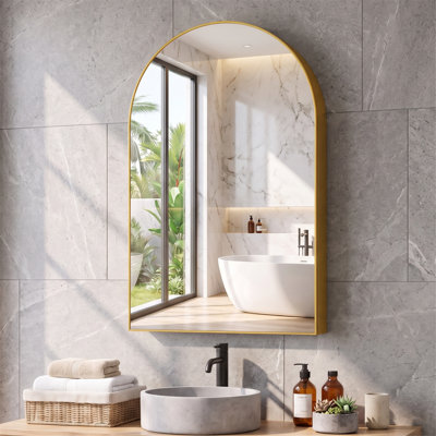 24" x 35.8" Arched Medicine Cabinet with Mirror and Adjustable Shelves, Gold