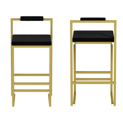 Tabourets de bar modernes en velours noir à hauteur de comptoir avec cadre doré, de 2, bas, repose-pieds pour un confort accru Installation rapide