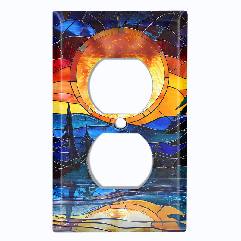 Metal Light Switch Plate Cover; US Standard Size 1 Gang Duplex - Printed Image of Stained Glass Sunset
