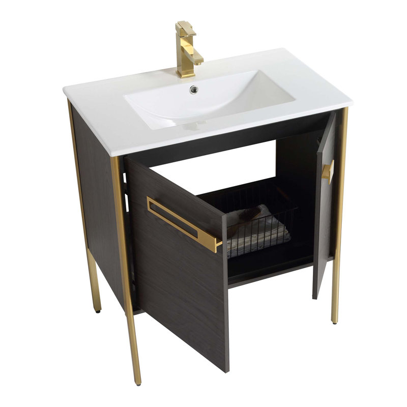 30" Single Bathroom Vanity, Black Coal Oak, Satin Brass