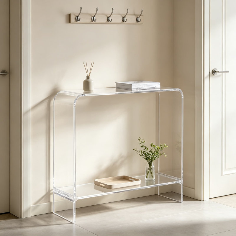 Console en acrylique transparent avec tablette, table d'entrée moderne à deux niveaux, meuble d'appoint étroit et transparent pour salon, couloir, hall d'entrée ou salle à manger