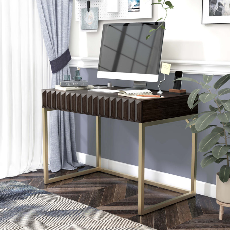 Livengood 42"W x 30.5"H Metal Base Writing Desk with Power Outlet, Walnut/Gold
