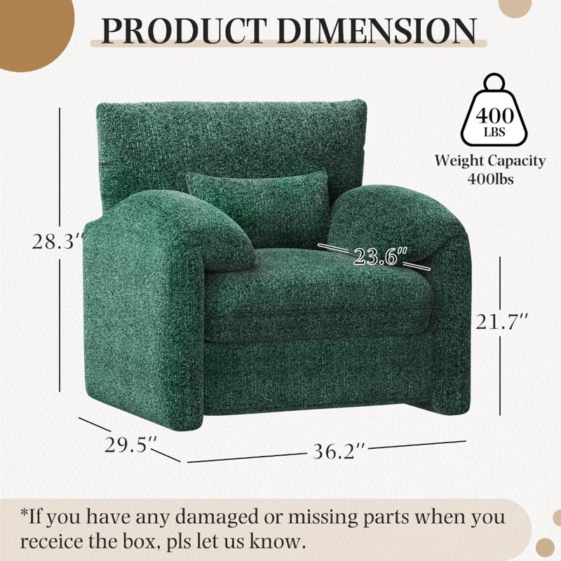 Fauteuil surdimensionné avec accoudoirs confortables Mid-Century, Chenille verte