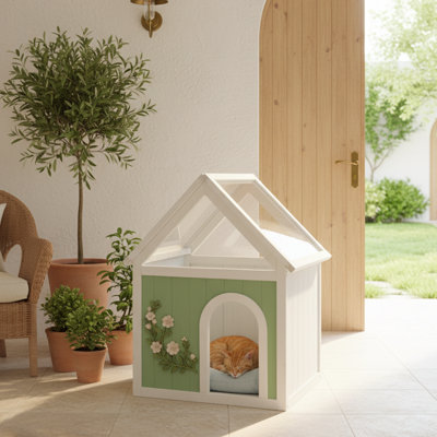 Niche d'intérieur en bois pour chats et petits chiens - Toit transparent, sculptures florales