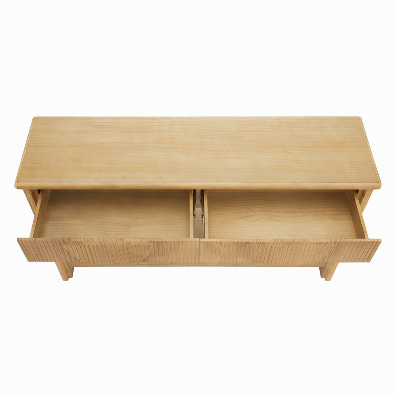 Console cannelée de 55 po, tiroirs semi-circulaires à bande verticale, plateau de table en bois massif, fermeture en douceur, tablette de présentation inférieure, vestibule / salon / bureau à usages multiples, couleur bois naturel