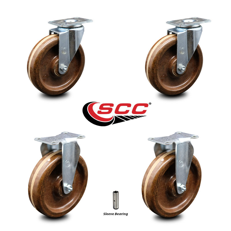 6 Inch High Temp Phenolic Wheel Swivel Top Plate Caster Set with 2 Rigid SCC