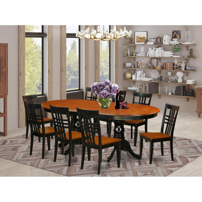 Ensemble de salle à manger 9 pièces comprenant une table ovale avec rallonge papillon et 8 chaises, 107 x 198 cm, noir et cerisier