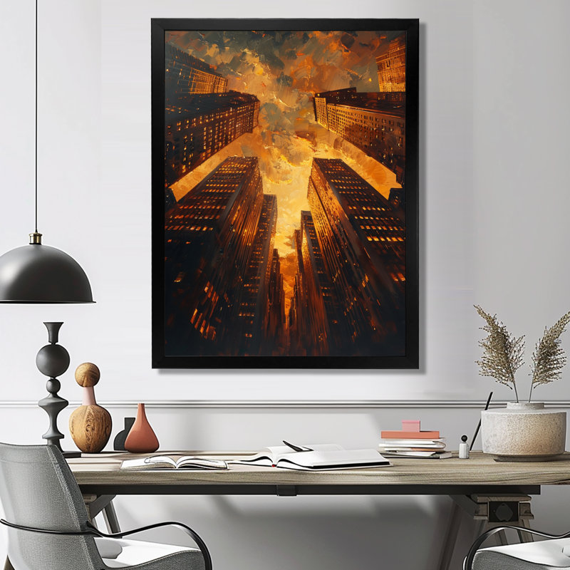 «Golden Perspective Skyscrapers Symphony II», impression d'art mural gratte-ciel, H 12 po x l 20 po, Cadre flottant doré