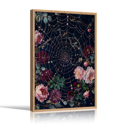 Toile sombre sur fond rose et fleurs mauves sur fond d'Halloween