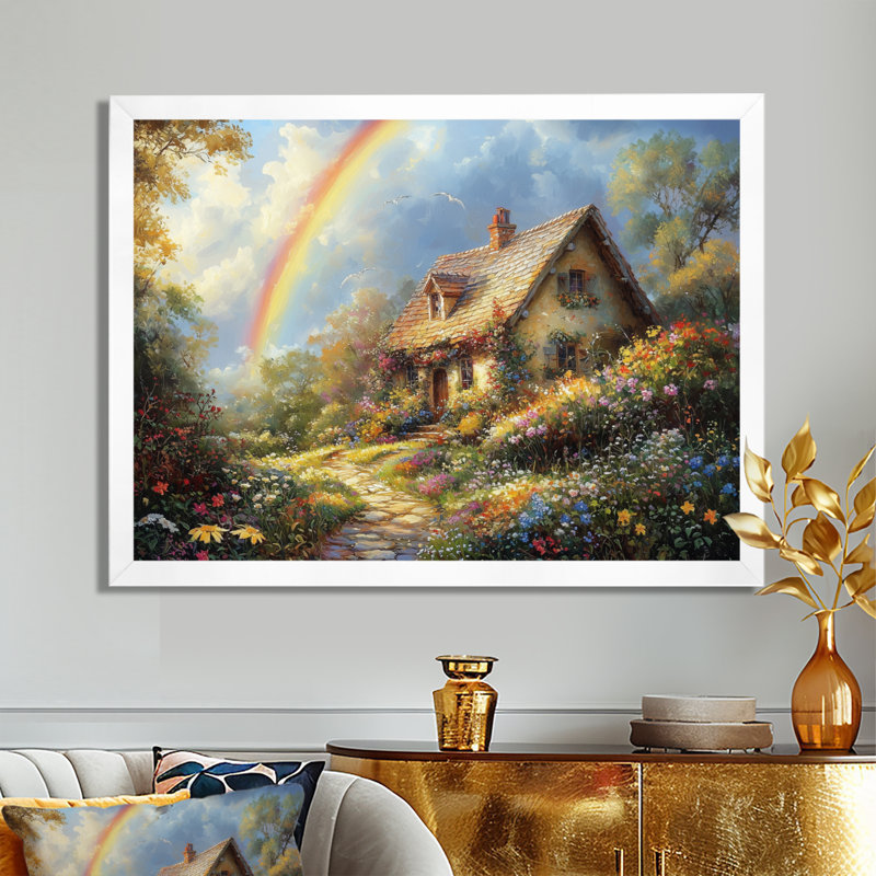 Rainbow Over The Cottage Garden II - art mural arc-en-ciel, H 24 po x l 32 po, Cadre flottant brun