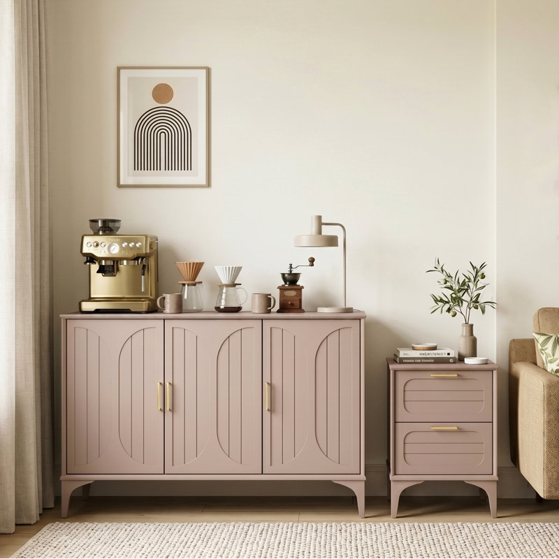 Curtis Bedside Table With Sideboard Storage Set, Warm Nude