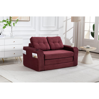 Convertible Double Bed, Foldable Couch With Corduroy Fabric, Comfortable Memory Foam Support, Pillow Included, Two Side Pockets For Storage 2 In 1 Expandable Fold Out Floor Living Room, Soft