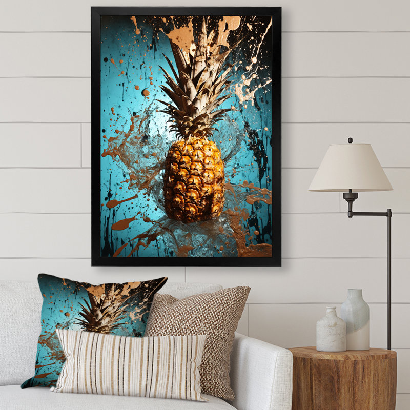 Abstrait turquoise «Ananas» torsadé - ananas, art mural, H 20 po x l 12 po x P 1 po, Cadre photo noir
