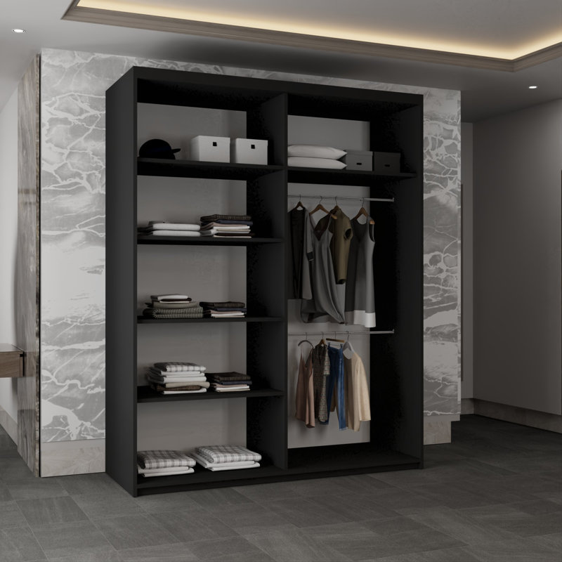 Cevahir 2 Door Manufactured Wood Wardrobe, Black, 217cm H x 150cm W x 62cm D