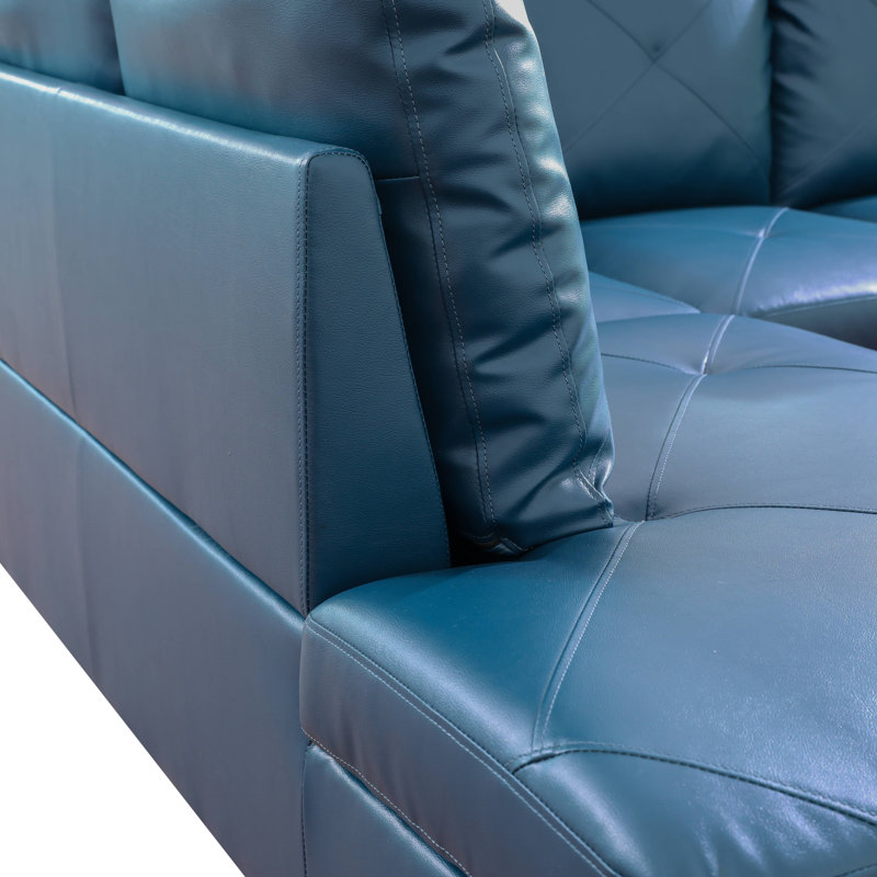 Ensemble de canapé modulaire en cuir 3 pièces avec méridienne et repose-pieds avec rangement Monaco, Similicuir bleu