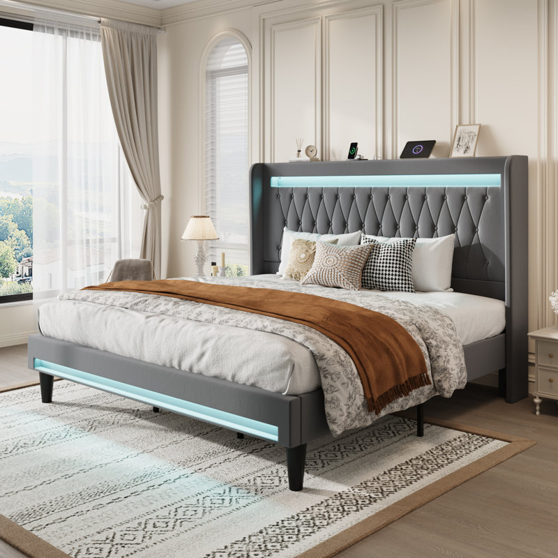 Modern Diamond-Tufted Upholstered Bed Frame With RGB LED Lights, USB Charging Ports & Wingback Headboard, Gray, King