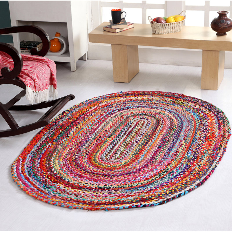 Lolita Striped Cotton Hand Woven Area Rug, Oval 60 x 90cm