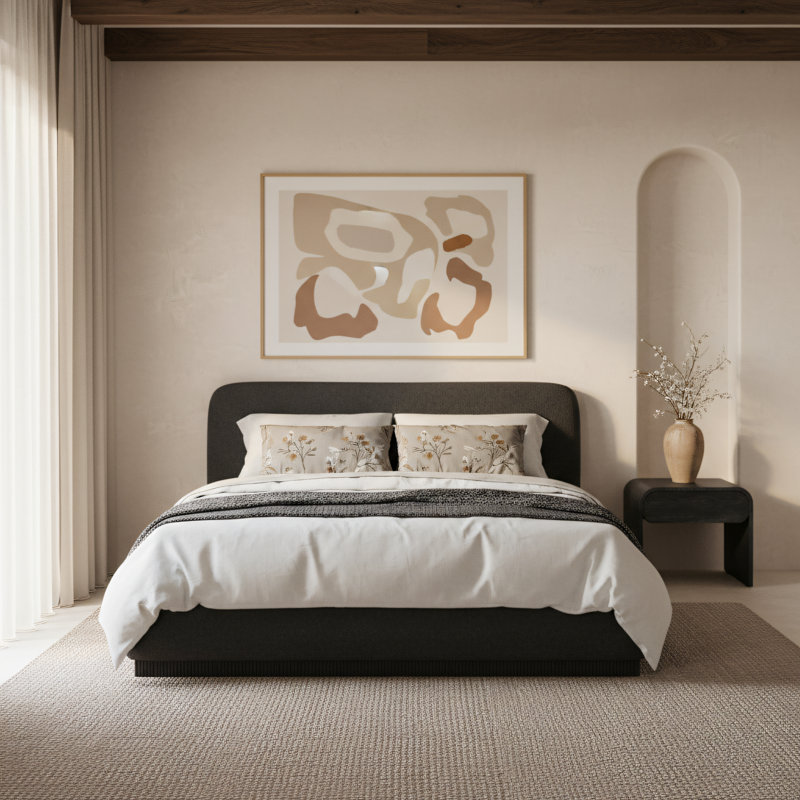 Rigby Upholstered Platform Bed, Black Boucle Fabric, Queen