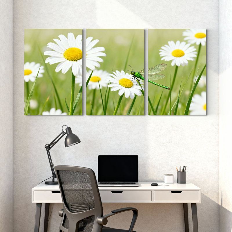 «Daisy and Dragonfly Nature Scene», ensemble de 3 reproductions d'art sur toile tendues sur toile, H 30 po x l 60 po