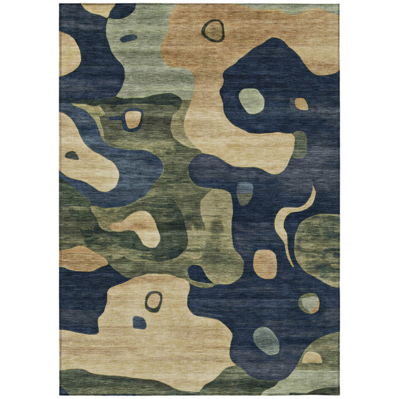Tapis extérieur lavable abstrait bleu marine et vert olive 3 pi x 5 pi